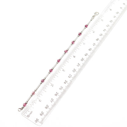 925 Sterling Silver Vintage Italy Real Pink Tourmaline Bar Beaded Bracelet 7"