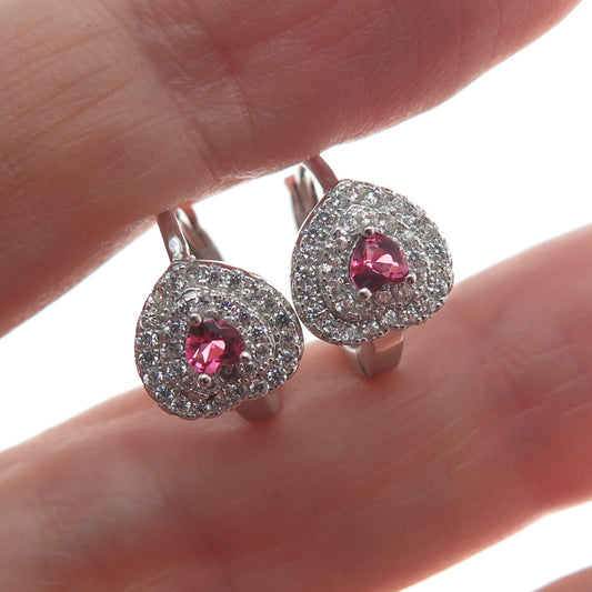 925 Sterling Silver Heart-Cut Pink & Round-Cut White C Z Hoop Earrings