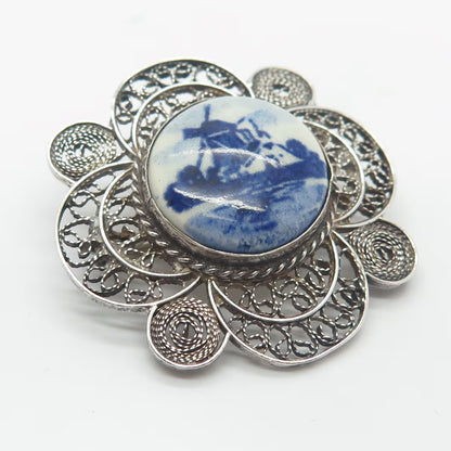 835 Silver Antique Ceramic Windmill Filigree Pin Brooch