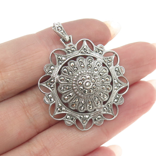 925 Sterling Silver Vintage Real Marcasite Gemstone Ornate Pendant