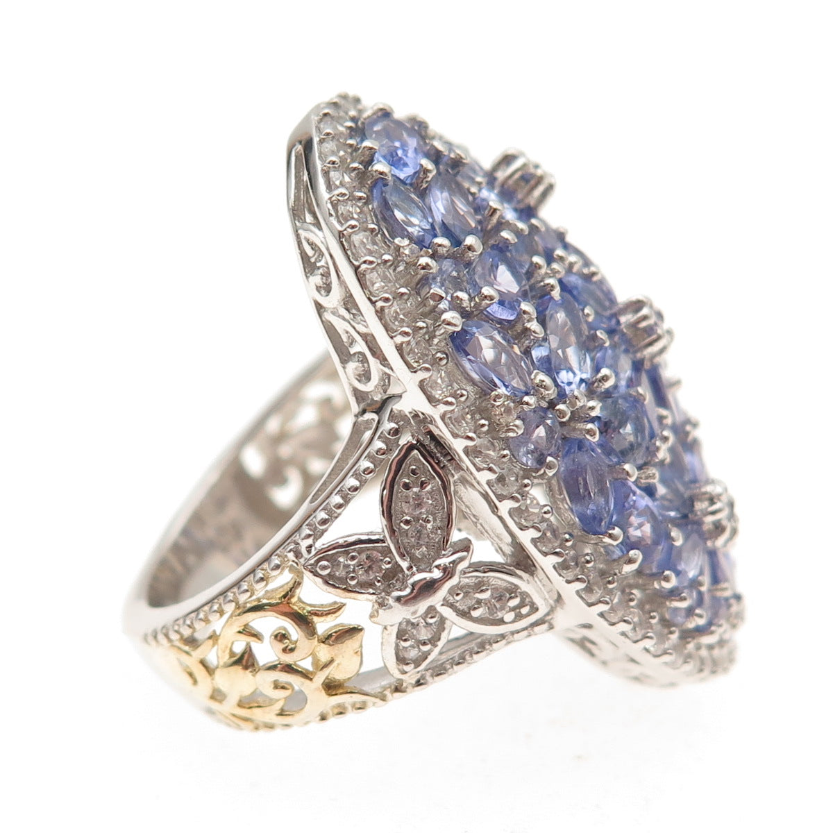 Chuck Clemency Sterling Silver 2-Tone Real Tanzanite & White Topaz Ring Size 8