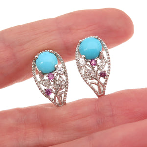 Chuck Clemency 925 Sterling Silver Real Turquoise Amethyst Topaz Floral Earrings