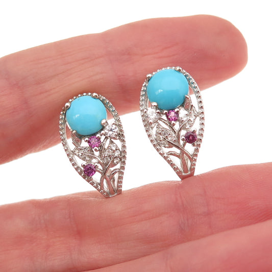 Chuck Clemency 925 Sterling Silver Real Turquoise Amethyst Topaz Floral Earrings