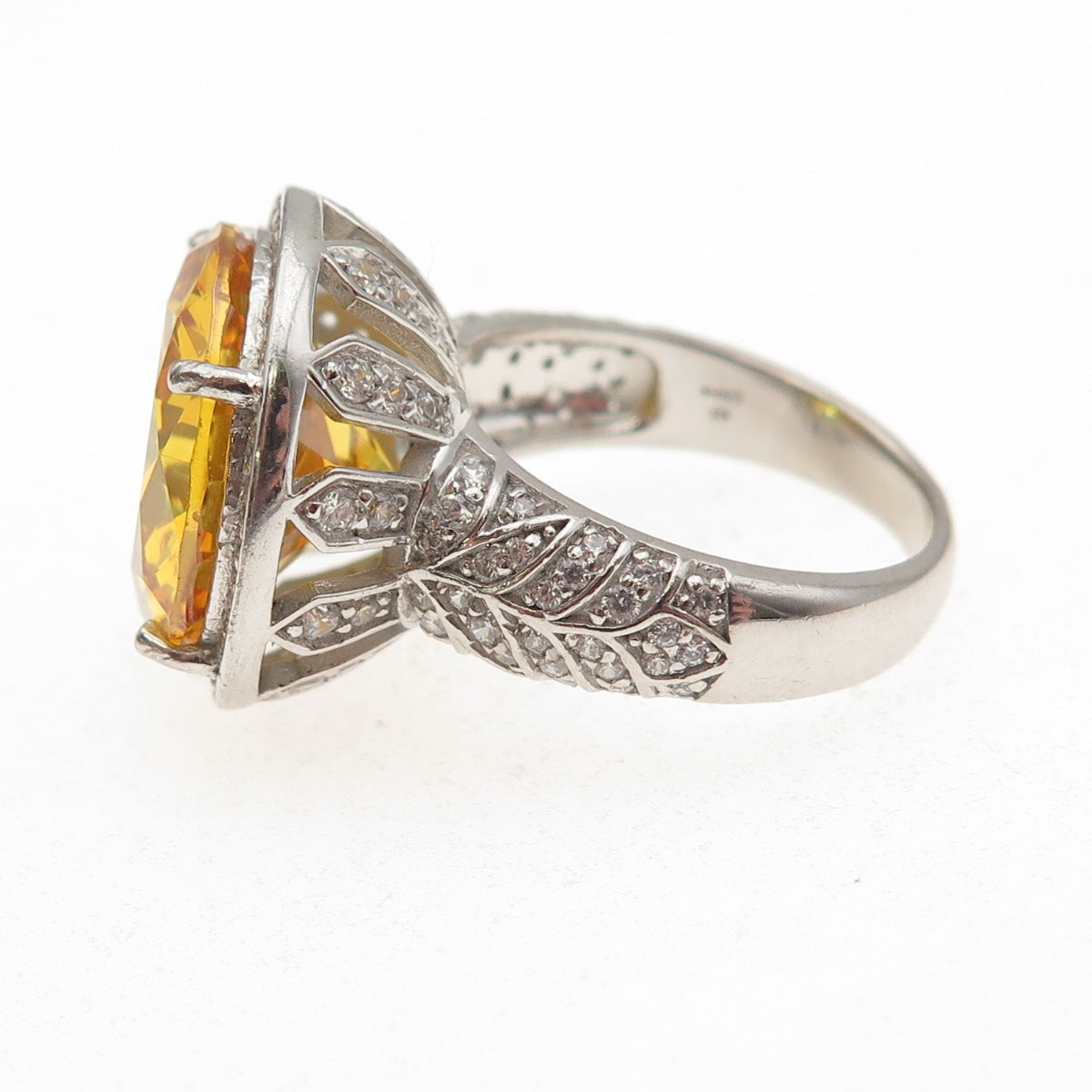 925 Sterling Silver Round-Cut Canary & White C Z Ring Size 7