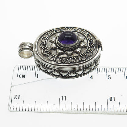 925 Sterling Silver Vintage Real Amethyst Granulated Floral Locket Box Pendant