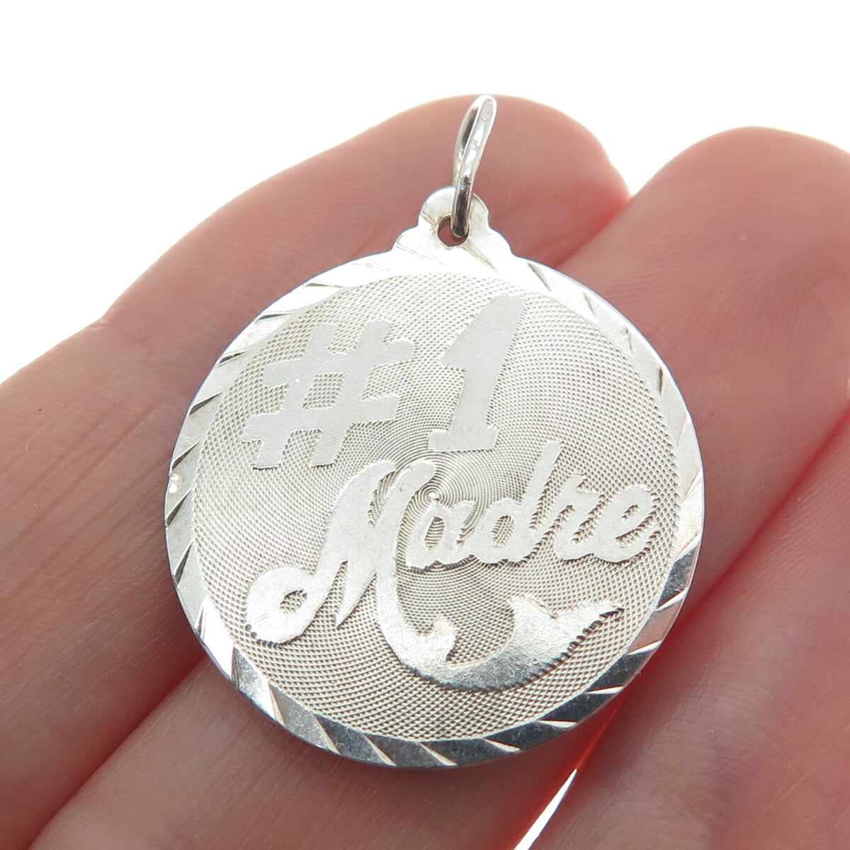 925 Sterling Silver Vintage "Madre Number 1" Textured Round Pendant