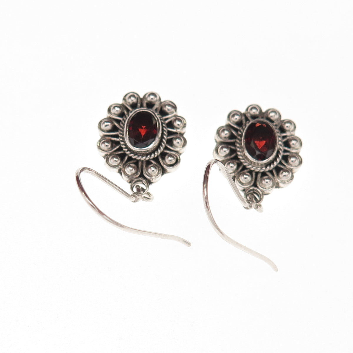 925 Sterling Silver Vintage Real Red Garnet Floral Beaded Dangle Earrings