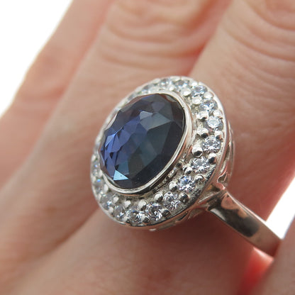 925 Sterling Silver Real Doublet Iolite & Round-Cut C Z Ring Size 8.25