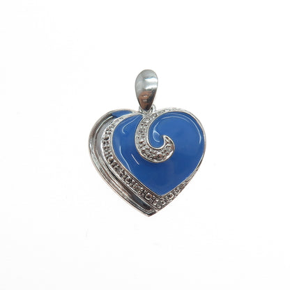925 Sterling Silver Enamel Real Round-Cut Diamond Heart Charm Pendant