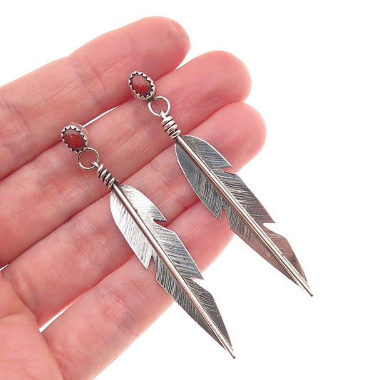 Old Pawn 925 Sterling Silver Vintage Southwestern Coral Feather Dangle Earrings