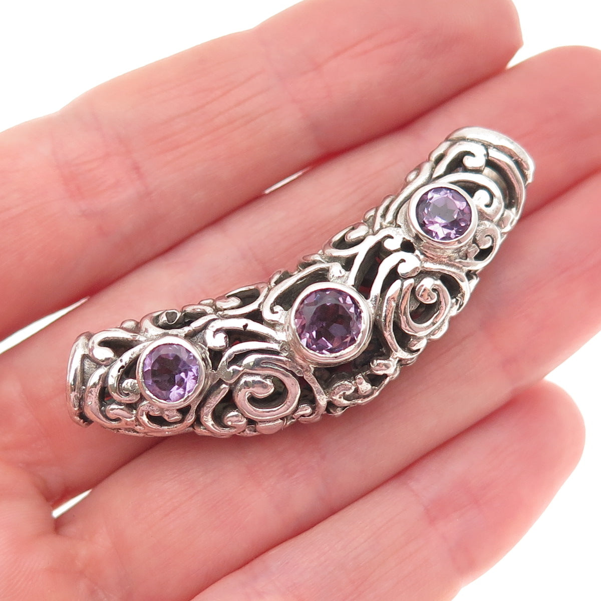 925 Sterling Silver Vintage Real Amethyst Floral Swirl Slide Pendant