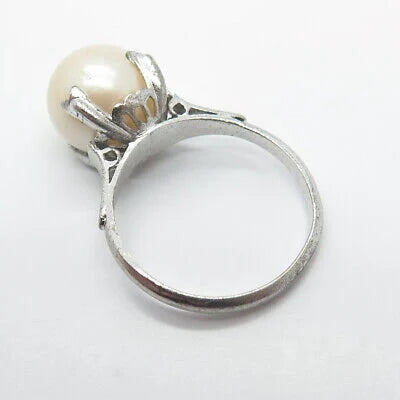 925 Sterling Silver Vintage Faux Pearl Round Ring Size 6
