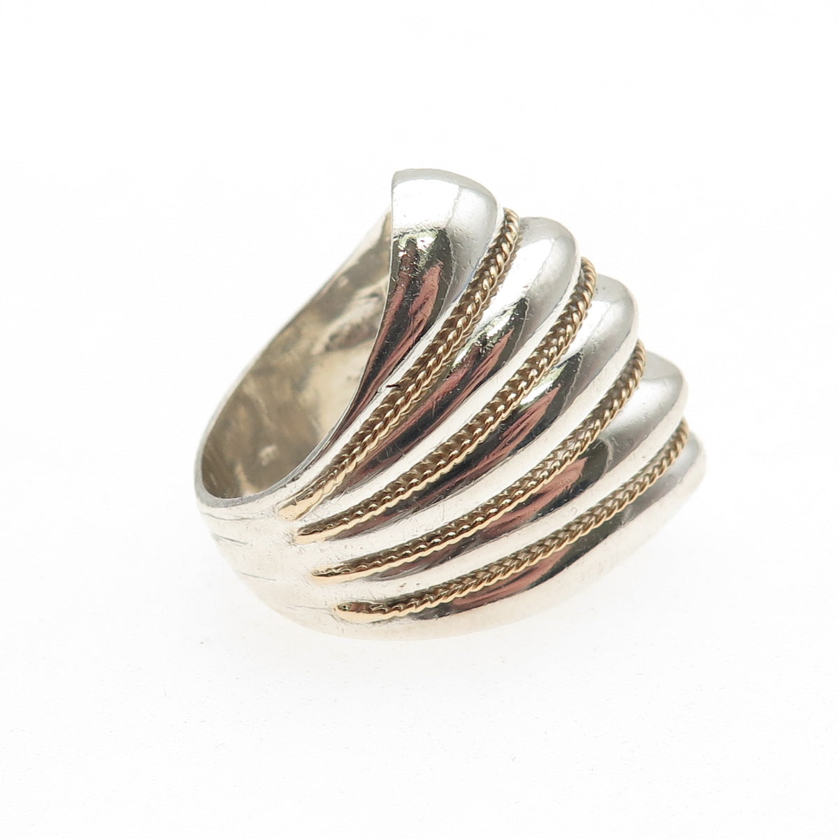 KEITH 925 Sterling Silver 14K Gold Vintage Modernist Ribbed Ring Size 7.25