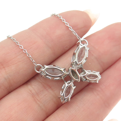 925 Sterling Silver Real White Diamond & Blue Topaz Gem Butterfly Necklace 18"