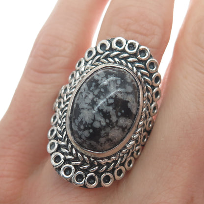 925 Sterling Silver Vintage Snowflake Obsidian Circle Link Oxidized Ring Size 9