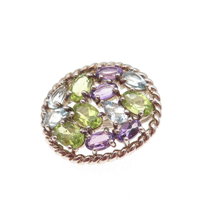 925 Sterling Silver Real Blue Topaz Peridot Amethyst Cluster Slide Mini Pendant