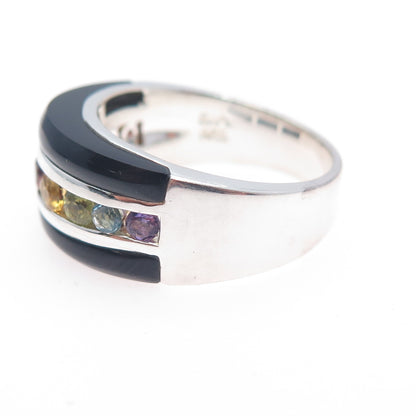925 Sterling Real Onyx Blue Topaz Citrine Garnet Amethyst Peridot Ring Size 9.25
