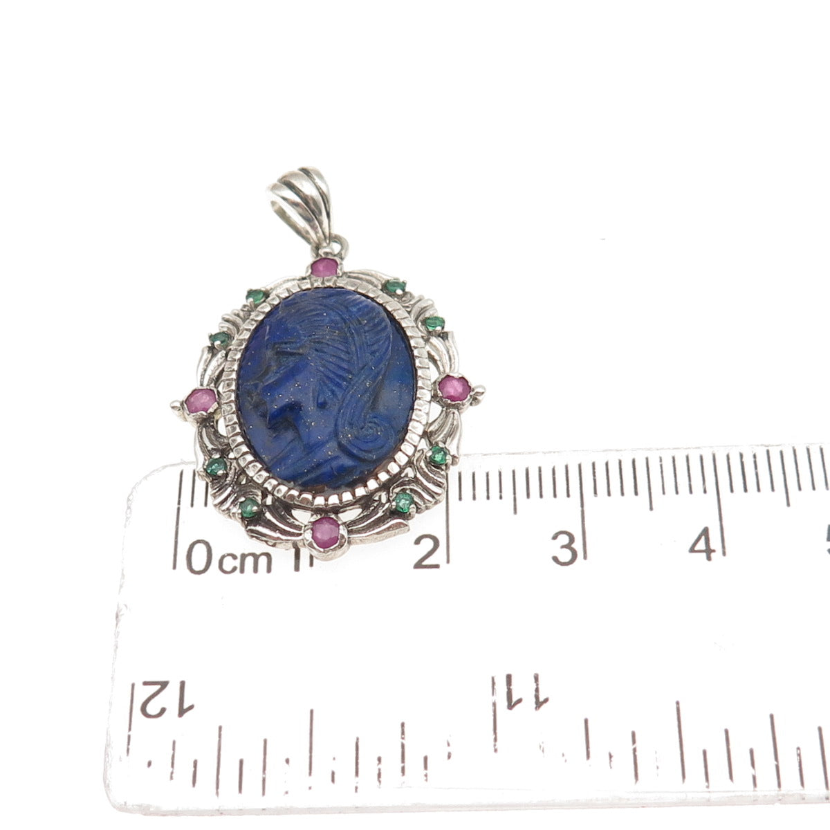 925 Sterling Silver Vintage Real Lapis Ruby & Emerald Lady Cameo Charm Pendant