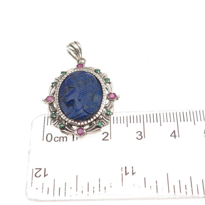 925 Sterling Silver Vintage Real Lapis Ruby & Emerald Lady Cameo Charm Pendant