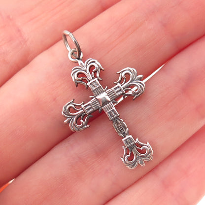 925 Sterling Silver Antique Art Deco Fleur de Lis Cross Oxidized Charm Pendant