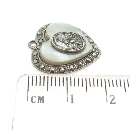 925 Sterling Silver Antique Real MOP & Marcasite Gem St. Mary Religious Pendant