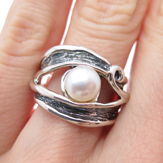 HAGIT GORALI 925 Sterling Vintage Israel Pearl Modernist Oxidized Ring Size 5.5