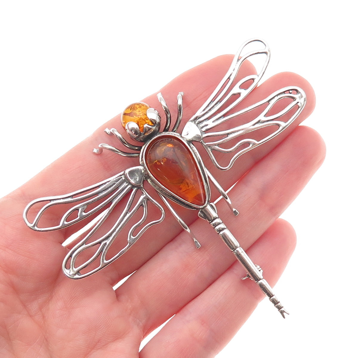 925 Sterling Silver Vintage Real Amber Dragonfly Oxidized Pin Brooch
