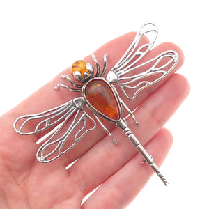 925 Sterling Silver Vintage Real Amber Dragonfly Oxidized Pin Brooch
