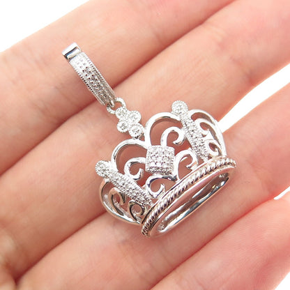 925 Sterling Silver Real Round-Cut Diamond Royal Crown Charm Pendant