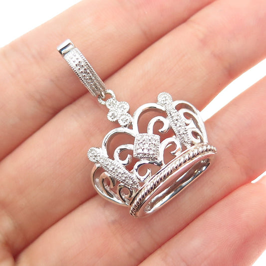 925 Sterling Silver Real Round-Cut Diamond Royal Crown Charm Pendant