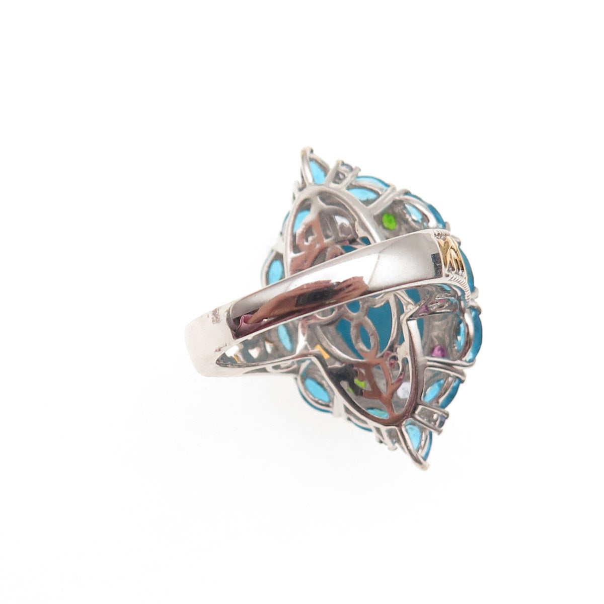 Chuck Clemency 925 Sterling Silver 2-Tone Real Multi-Color Gem Ring Size 8.25