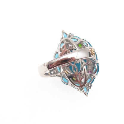 Chuck Clemency 925 Sterling Silver 2-Tone Real Multi-Color Gem Ring Size 8.25