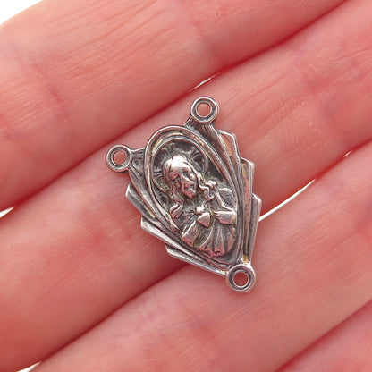 925 Sterling Silver Antique Art Deco Jesus Sacred Heart Rosary Chain Pendant