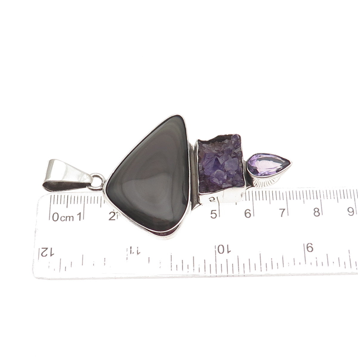 Charles Albert 925 Sterling Silver Vintage Real Gray Obsidian & Amethyst Pendant