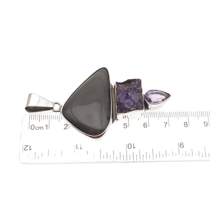 Charles Albert 925 Sterling Silver Vintage Real Gray Obsidian & Amethyst Pendant