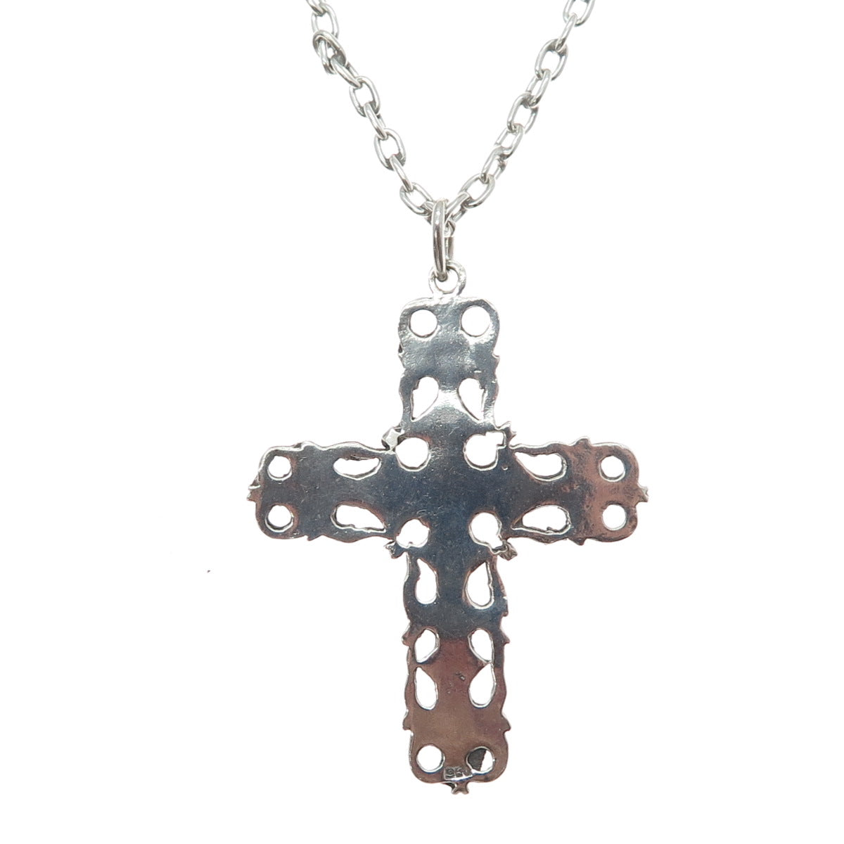 950 Silver Vintage Ornate Cross Oxidized Cable Chain Necklace 28"