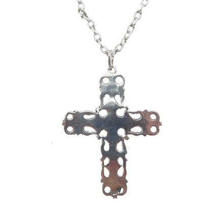 950 Silver Vintage Ornate Cross Oxidized Cable Chain Necklace 28"