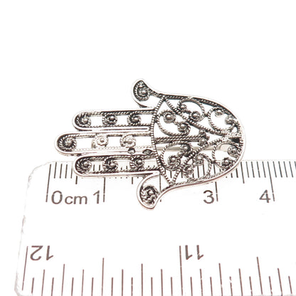 800 Silver Antique Art Deco France Hamsa Filigree Oxidized Pin Brooch