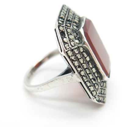 925 Sterling Silver Antique Art Deco Carnelian & Marcasite Gem Ring Size 4.25
