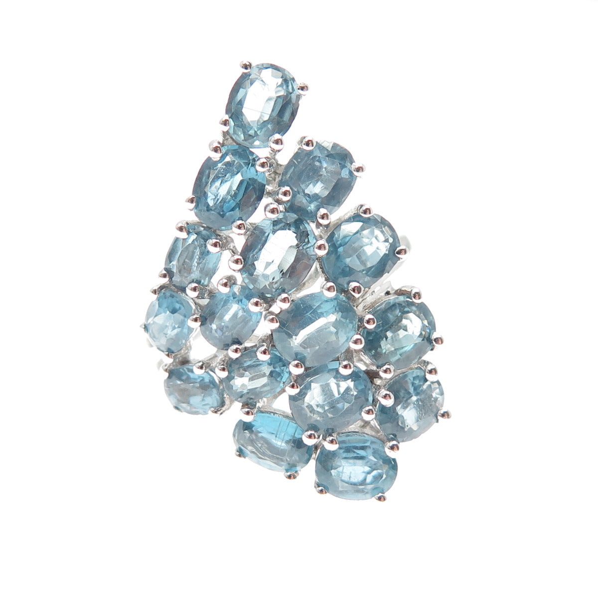 925 Sterling Silver Real Oval-Cut Blue Topaz Wing Cluster Ring Size 5.5