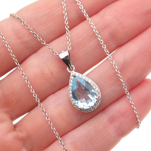 925 Sterling Silver Real Blue Topaz & C Z Teardrop Cable Chain Necklace 18"