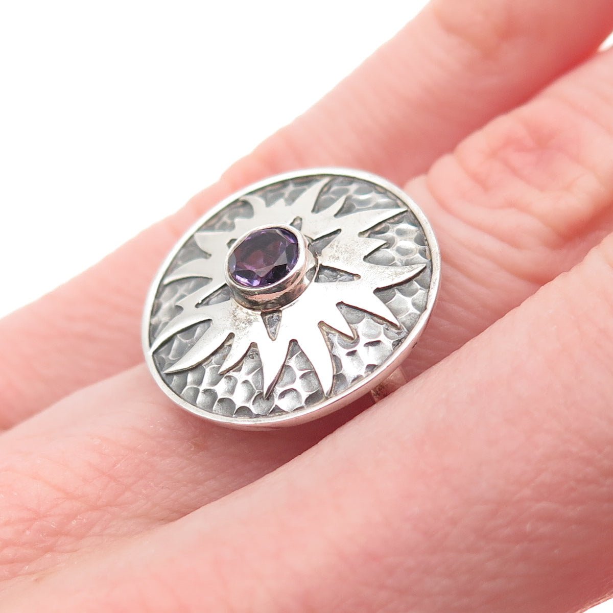 925 Sterling Silver Vintage Real Amethyst Modernist Sun Oxidized Ring Size 6