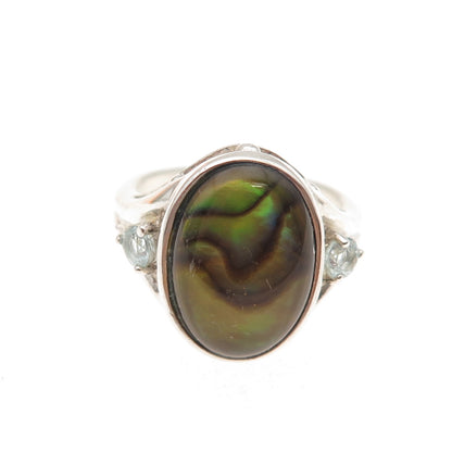925 Sterling Silver Vintage Real Abalone Shell & Blue Topaz Ring Size 6.25