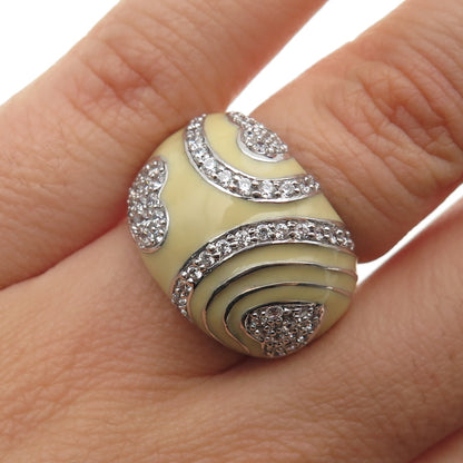 925 Sterling Silver Vintage Enamel Round-Cut C Z Heart Dome Ring Size 5