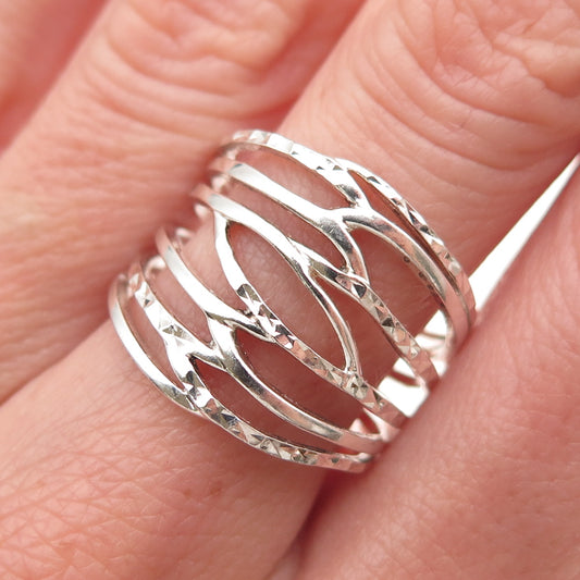 925 Sterling Silver Vintage Diamond-Cut Multi-Row Ring Size 8