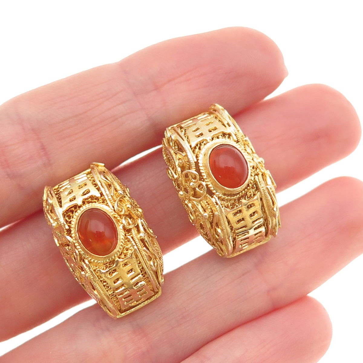 925 Sterling Silver Gold Plated Vintage Real Carnelian Clip On Earrings