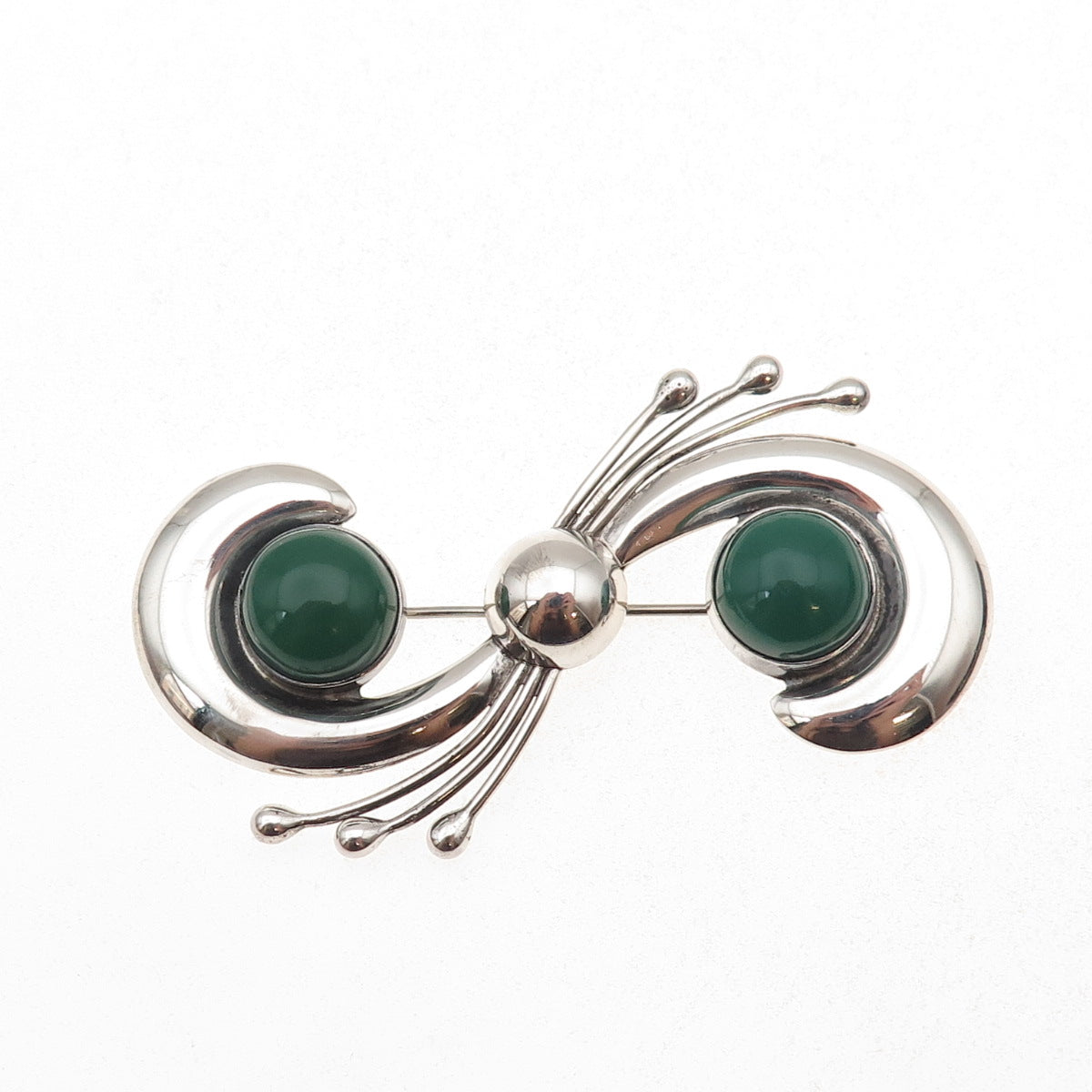 925 Sterling Silver Vintage Mexico Real Green Onyx Modernist Pin Brooch