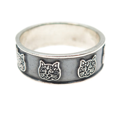 925 Sterling Silver Vintage Mexico Cat Oxidized Band Ring Size 12