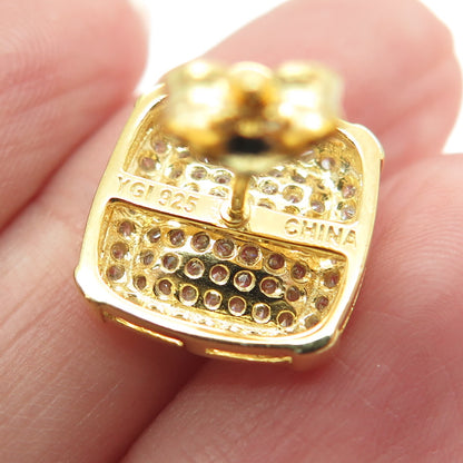 925 Sterling Silver Gold Plated Pave C Z Stud Earrings