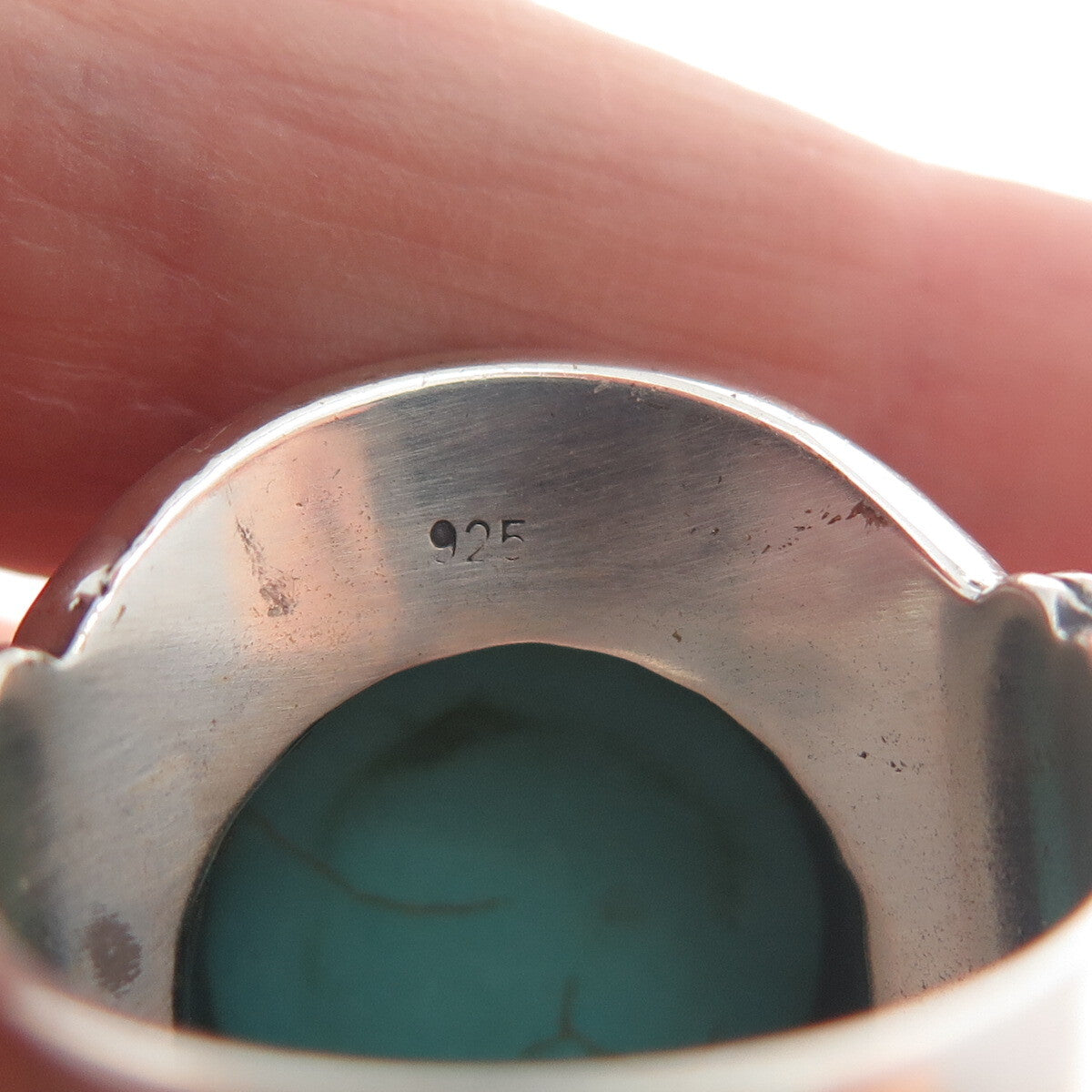 925 Sterling Silver Vintage Real Mountain Turquoise Sun Oxidized Ring Size 10.25